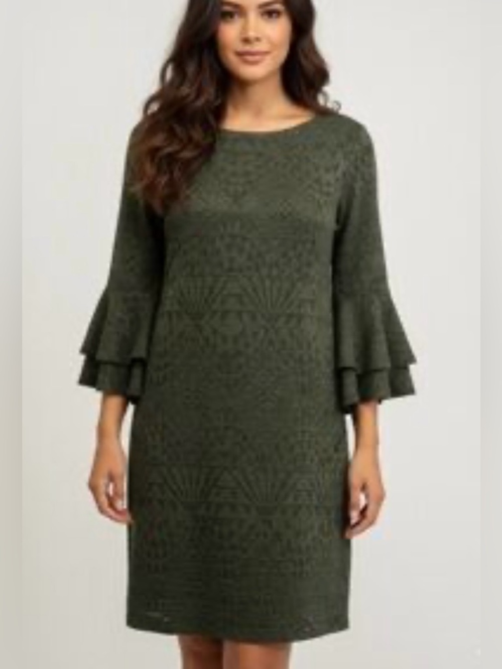 Chico's Olive Green Lace Dress with Tiered Bell Sleeves
